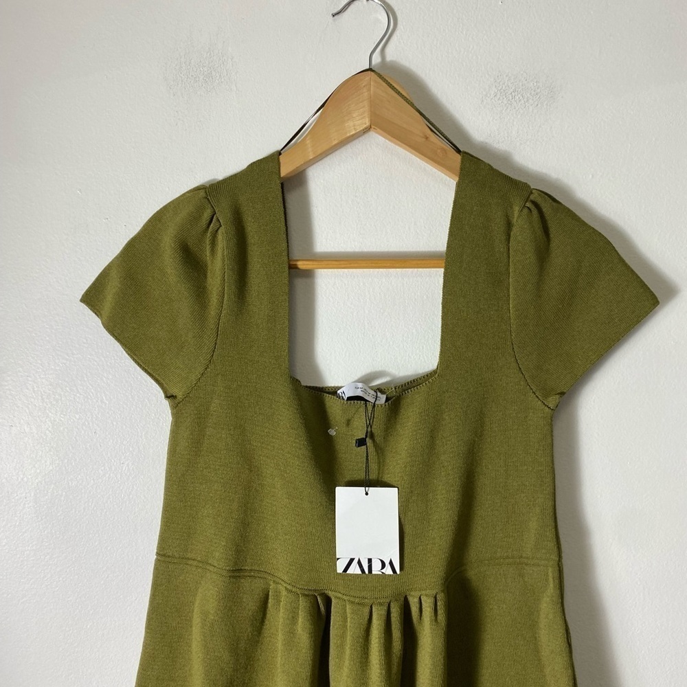 Zara Green Stretchy Knit Square Neck Skater Mini Dress - Picture 9 of 12